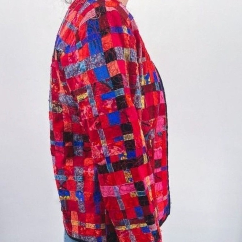 Chico's Women Red Silk Blend Patchwork Ribbon Woven Open Front Jacket Size 0 S - Picture 3 of 6